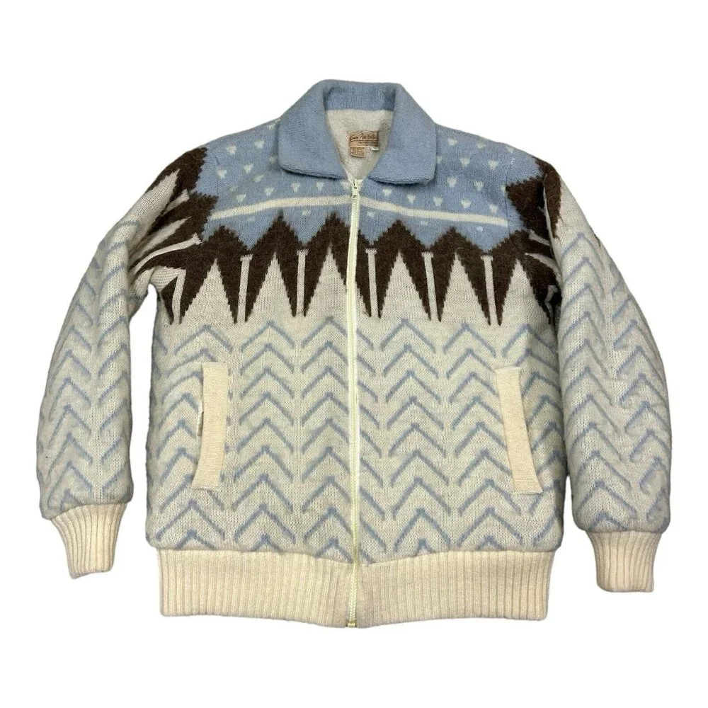 Vintage Carson Pirie Scott Aztec Pattern Full‎ Zip Jacket Wool Blend White Blue